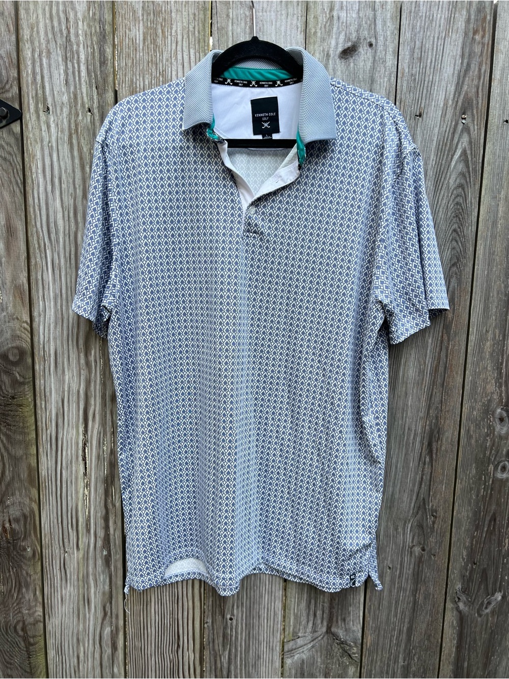 Kenneth Cole Golf Polo Shirt Blue White Geometric Diamond Print Mens Large